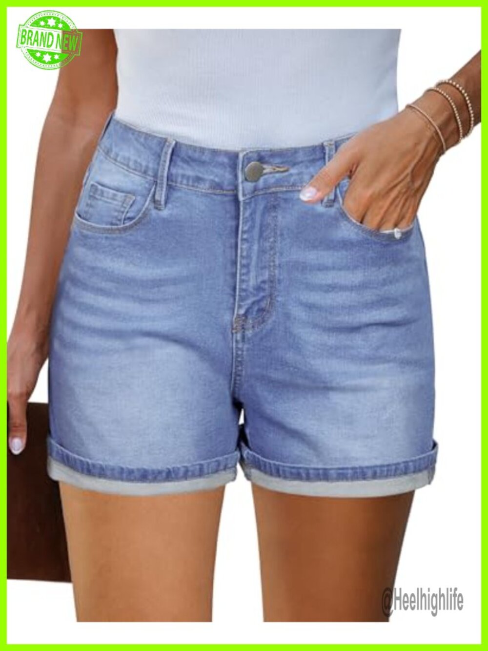 Mid Rise Stretchy Denim Jean Shorts Fold Hem Casual Jorts
